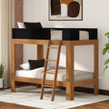 Space-saving twin-over-twin wooden loft bunk bed with ladder and black guardrails, natural wood finish and neutral bedding in a modern bedroom