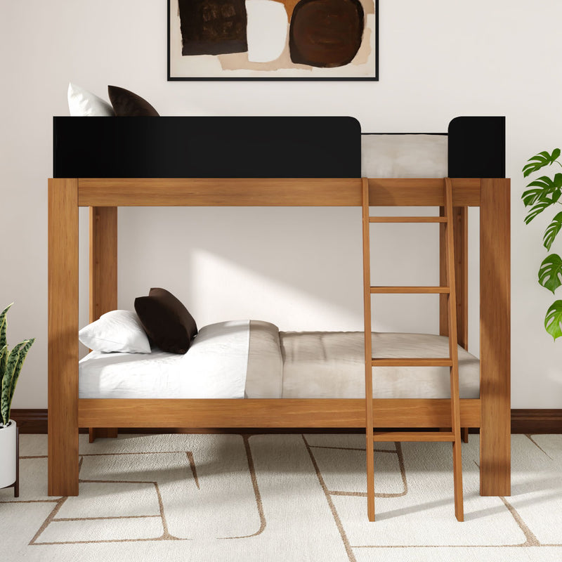 Solid wood twin-over-twin bunk bed with ladder and black guardrail, modern space-saving design for kids bedroom with white bedding