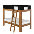 Solid wood twin-over-twin loft bunk bed with ladder, black safety guardrail and white mattresses — modern space-saving kids bedroom furniture