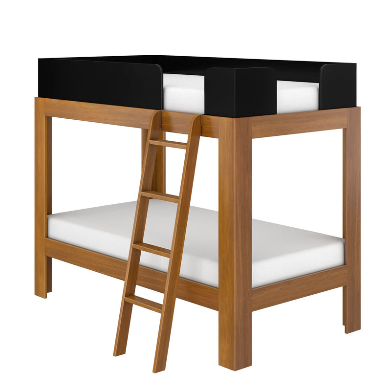 Solid wood twin-over-twin loft bunk bed with ladder, black safety guardrail and white mattresses — modern space-saving kids bedroom furniture