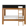 Walnut solid wood twin-over-full bunk bed with wooden ladder, black top guardrail and white mattresses — modern space-saving bedroom furniture