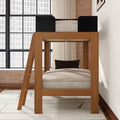 Modern wooden loft bunk bed with ladder in industrial loft bedroom, exposed brick wall and large windows