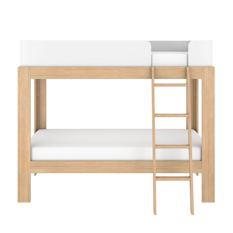 Minimalist two-tier wooden bunk bed with right-side ladder, natural light oak finish and white guardrails — modern kids bedroom furniture
