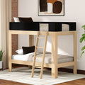Modern natural wood loft bunk bed with ladder and black safety rails, twin-over-twin solid wood frame with neutral bedding in a space-saving contemporary kids' bedroom.
