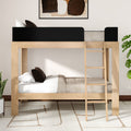 Modern natural wood twin-over-twin bunk bed with ladder and black guardrail, neutral bedding and minimalist bedroom decor