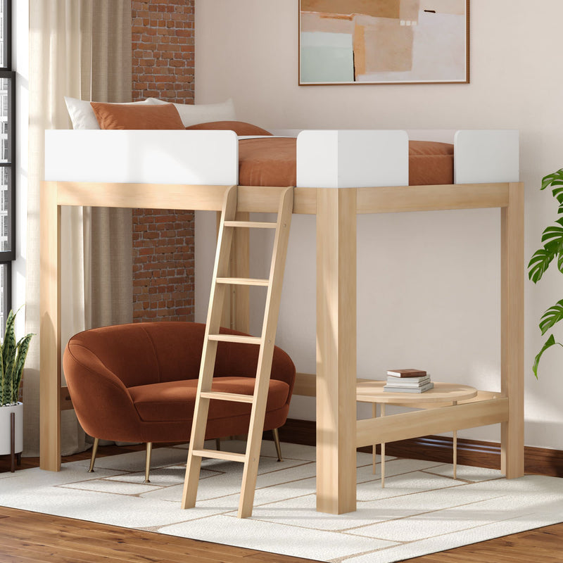 Space-saving wooden loft bed with ladder, white safety rails and rust bedding over a cozy rust accent chair and round coffee table in a modern bedroom with brick accent wall and plant