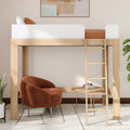 Modern wooden loft bed with ladder over a cozy rust-orange accent chair and round side table, space-saving Scandinavian bedroom design with indoor plant