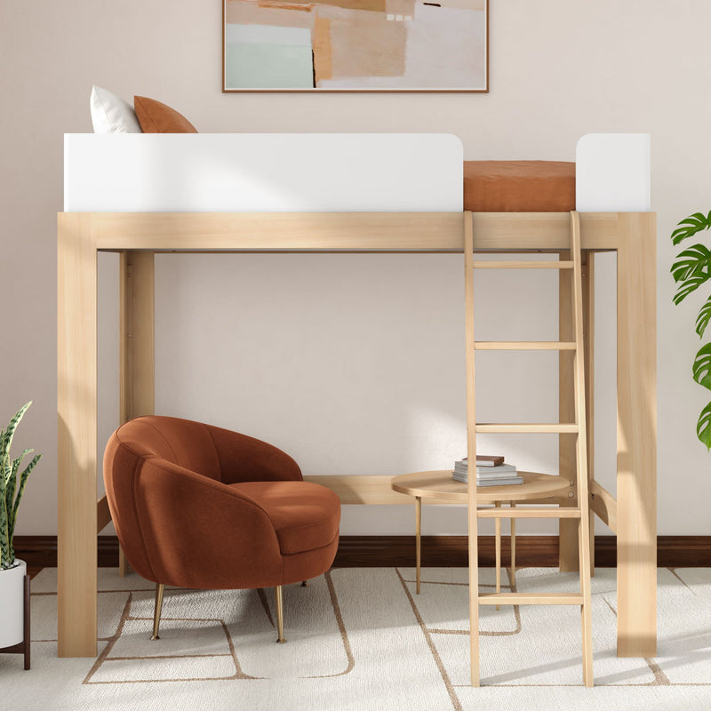 Modern wooden loft bed with ladder over a cozy rust-orange accent chair and round side table, space-saving Scandinavian bedroom design with indoor plant