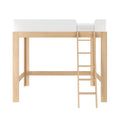 Natural wood loft bed with white guardrail and angled ladder, open under-bed space for desk or storage — modern minimalist high-sleeper bed frame for small bedrooms