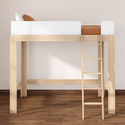 Light-wood loft bed with ladder and white safety rail, modern space-saving twin loft bed for kids or small bedrooms