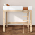 Light-wood loft bed with ladder and white safety rail, modern space-saving twin loft bed for kids or small bedrooms
