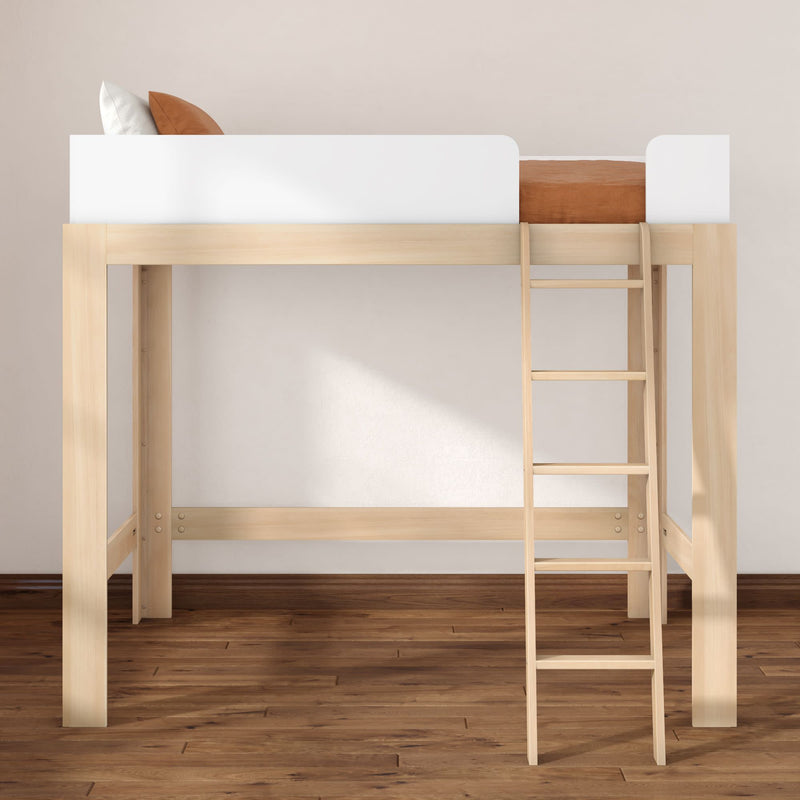 Light-wood loft bed with ladder and white safety rail, modern space-saving twin loft bed for kids or small bedrooms