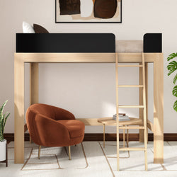 Wooden loft bed with ladder over a cozy reading nook, burnt orange accent armchair, round side table, indoor plants and minimalist bedroom decor