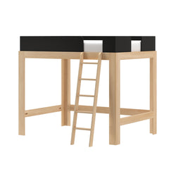 Natural wood loft bed frame with ladder and black safety guard rails, minimalist elevated children's platform bed in beech finish