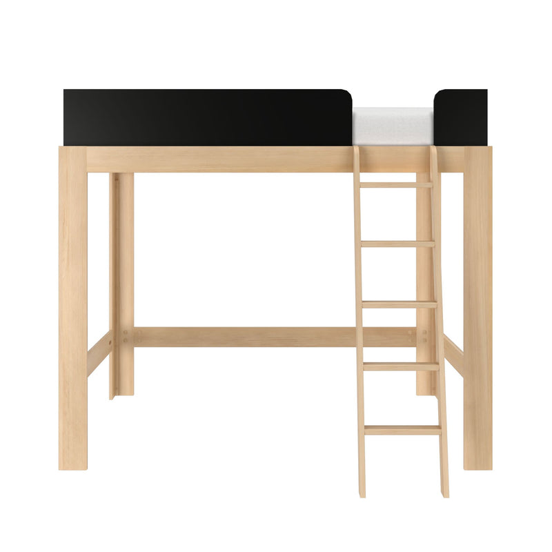 Natural light wood loft bed frame with ladder and black guardrail, space-saving raised bed for kids or small rooms, modern minimalist bedroom furniture