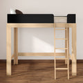 Natural wood loft bed with ladder and black guardrail — space-saving twin platform bed for kids and small modern bedrooms