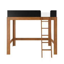 Natural oak loft bed with ladder and black safety rail, twin-size space-saving bed frame with open area underneath for storage or a desk in a kids' bedroom or studio