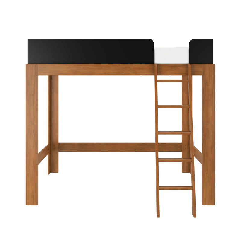 Natural oak loft bed with ladder and black safety rail, twin-size space-saving bed frame with open area underneath for storage or a desk in a kids' bedroom or studio