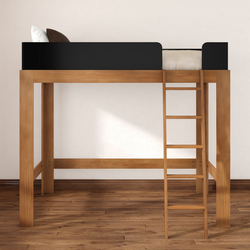 Space-saving natural wood loft bed with ladder and black guardrail in modern bedroom