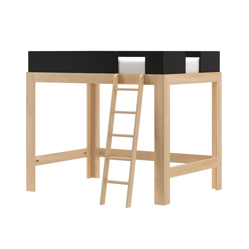 Solid wood twin loft bed with natural finish, black safety rails and angled ladder — modern space‑saving elevated bed for kids' bedrooms, studios and small spaces