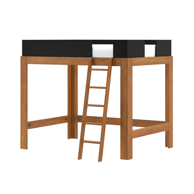 Natural wood loft bed with angled ladder and black safety rails, modern space-saving elevated bed frame for kids' bedrooms and studio apartments