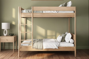 Natural wood twin bunk bed with ladder in a minimalist green bedroom, white linens, throw blanket and nightstand with lamp