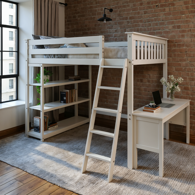 White wooden loft bed with ladder, built-in desk and open shelves in a sunlit studio bedroom with exposed brick wall