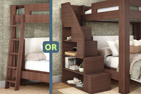 Side-by-side comparison of dark walnut wooden bunk bed access: left a traditional ladder, right a space-saving staircase with built-in shelves and storage for a kids' bedroom.