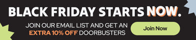 Black Friday sale banner — join our email list for an extra 10% off doorbusters; "Join Now" call-to-action button