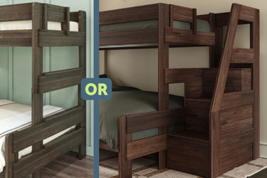 Dark walnut solid wood twin bunk bed with built-in staircase storage and safety rails, a space-saving kids' bedroom solution.
