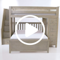 Greywashed wood twin-over-full bunk bed loft with built-in staircase drawers and integrated storage cabinets, modern farmhouse style