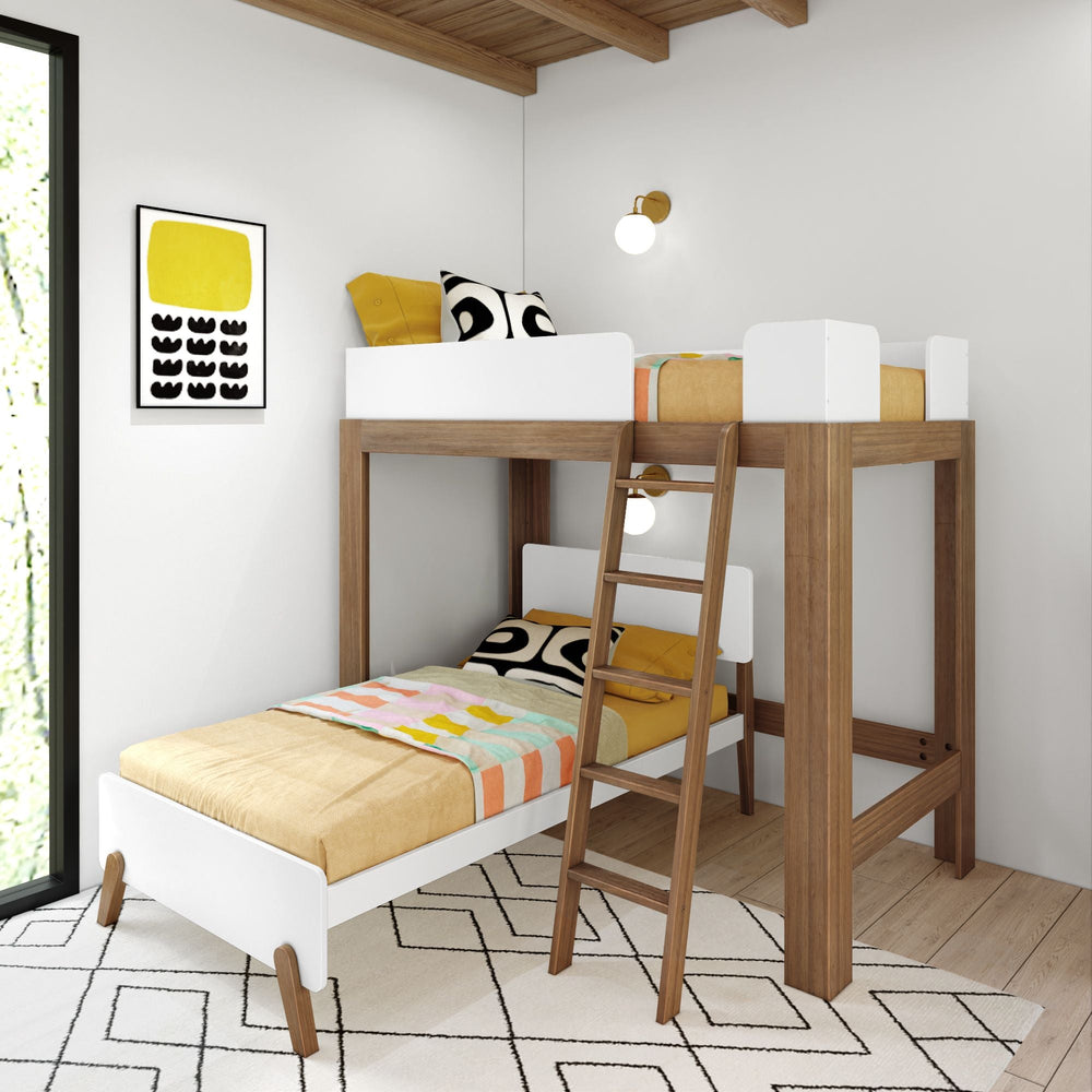 A20811-527 : Bunk Bed Modern L-Shaped Twin Over Twin Bunk Bed, Pecan & White