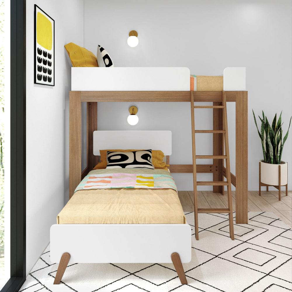 A20811-527 : Bunk Bed Modern L-Shaped Twin Over Twin Bunk Bed, Pecan & White