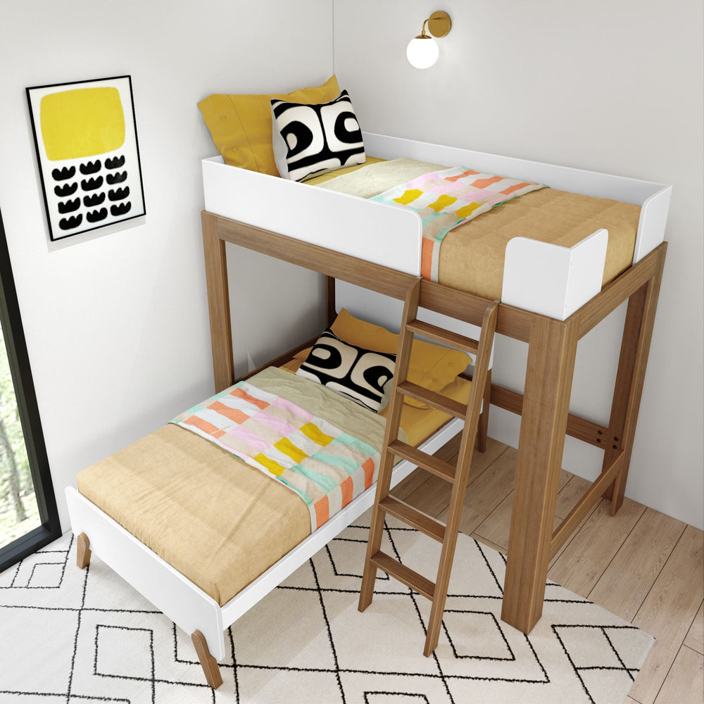 A20811-527 : Bunk Bed Modern L-Shaped Twin Over Twin Bunk Bed, Pecan & White