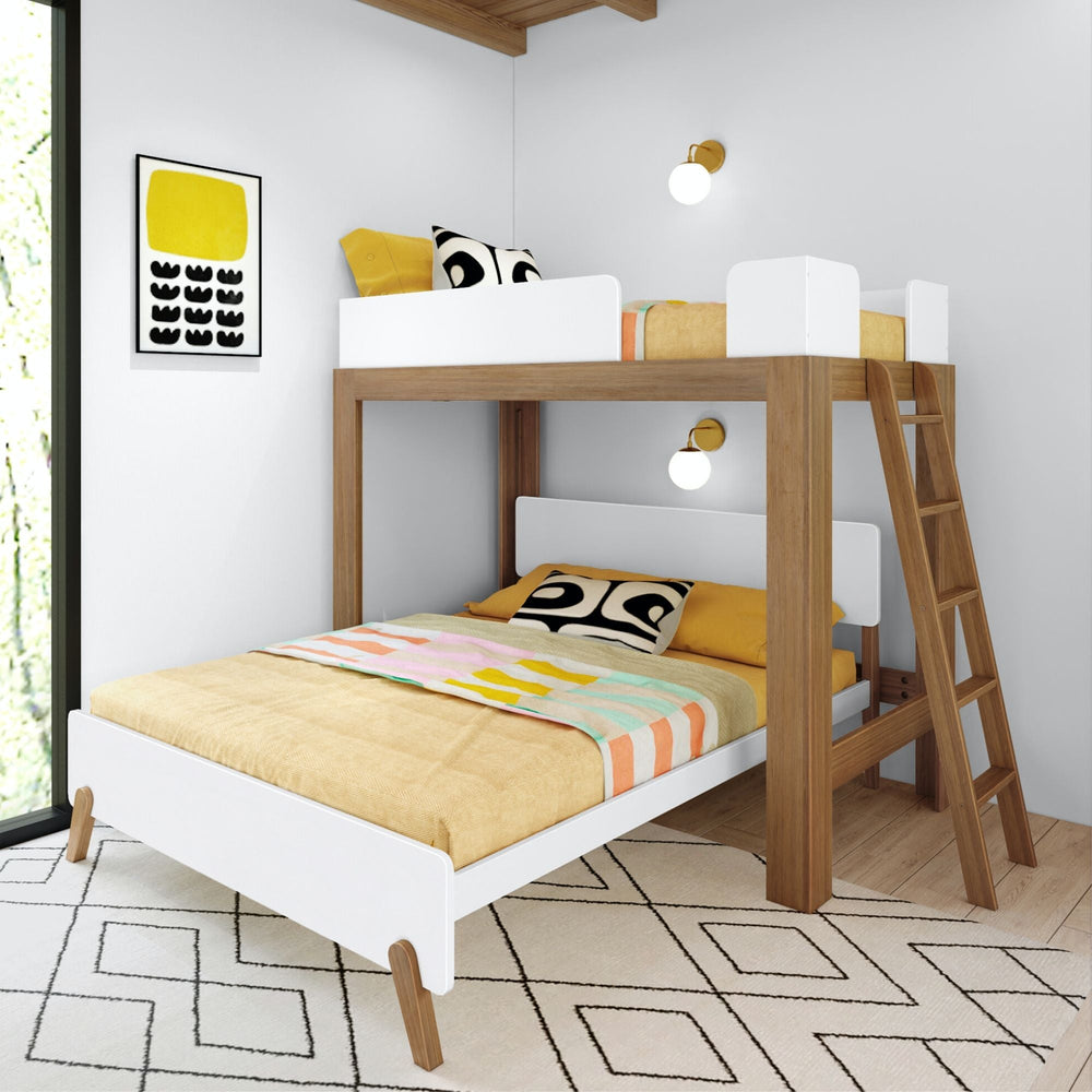 Modern wooden bunk bed with vibrant bedding and geometric decor in a stylish bedroom setting.