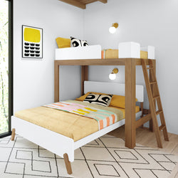 Modern wooden bunk bed with vibrant bedding and geometric decor in a stylish bedroom setting.