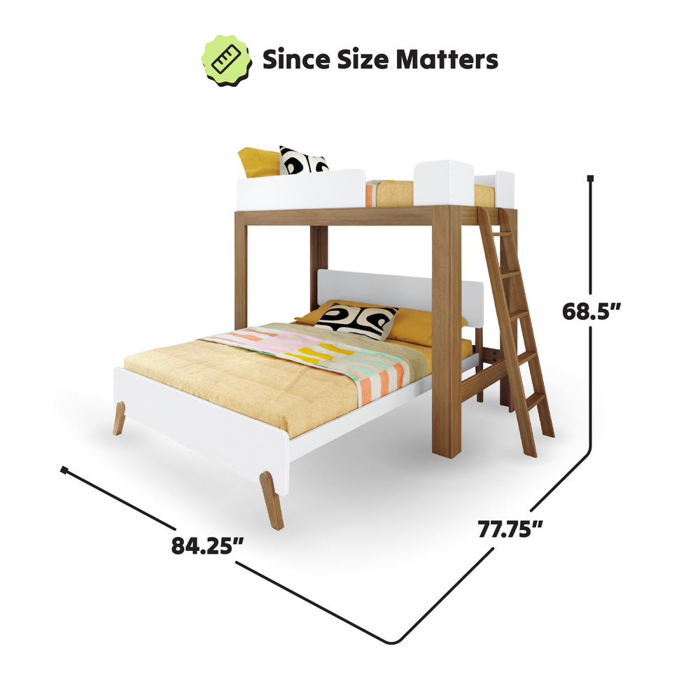 Modern wooden bunk bed with measurements: 84.25 inches long, 77.75 inches wide, 68.5 inches high, featuring a top bunk ladder and stylish design.