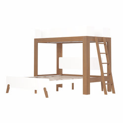 Wooden loft bed with ladder featuring minimalist white accents, perfect for modern bedroom design.