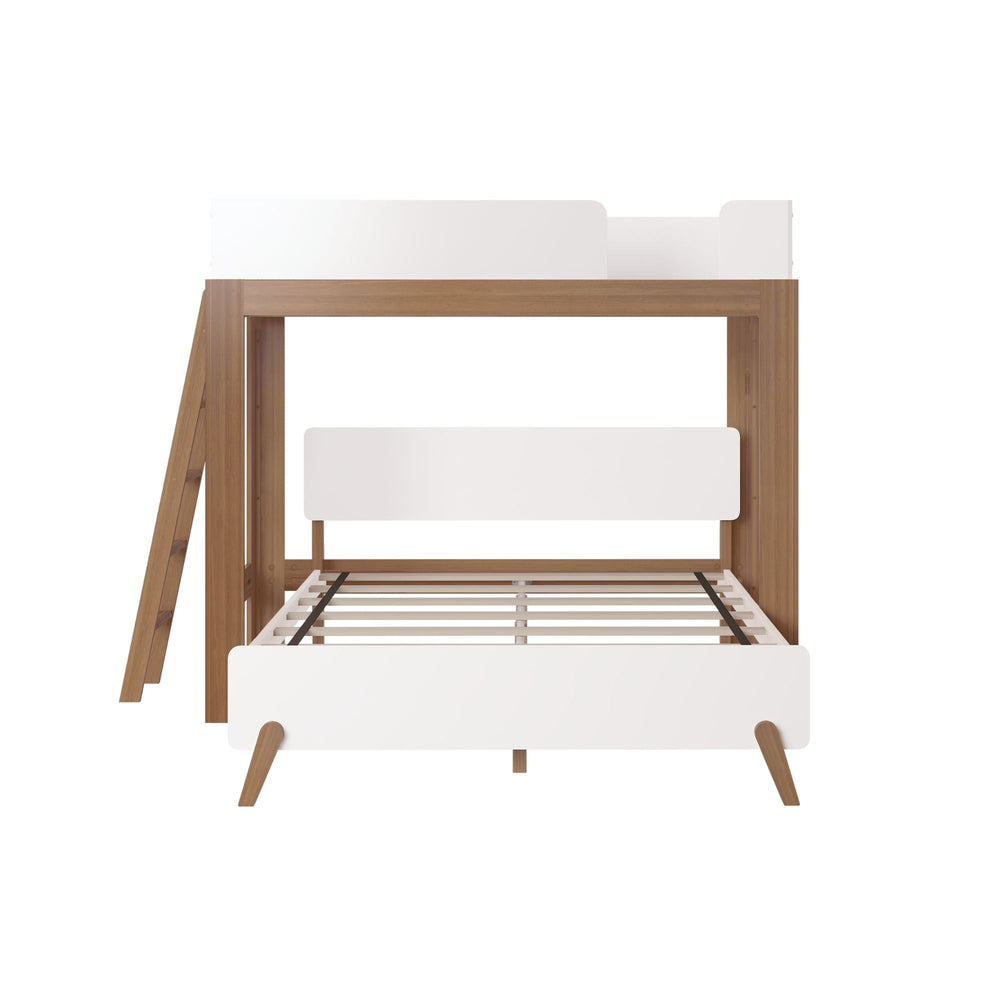 Modern wooden bunk bed with white panels and ladder, ideal for stylish kids' bedrooms.