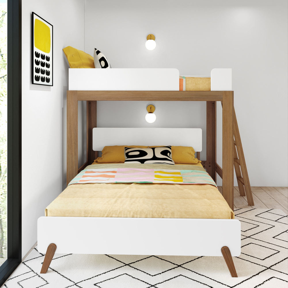 Modern wooden bunk bed with colorful bedding in a bright minimalist bedroom setting.