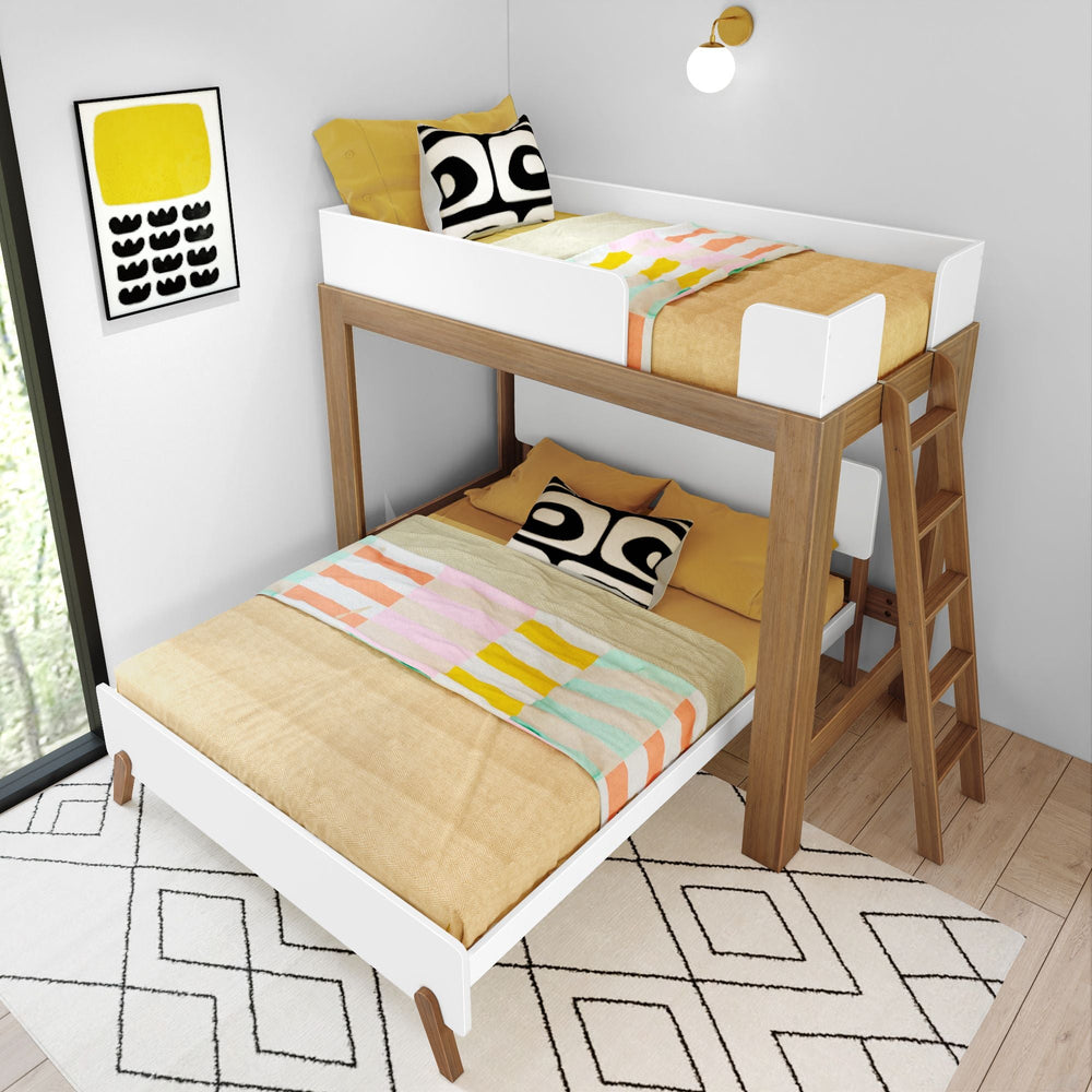 Modern double-decker bed with wooden frame and colorful bedding in a stylish bedroom.