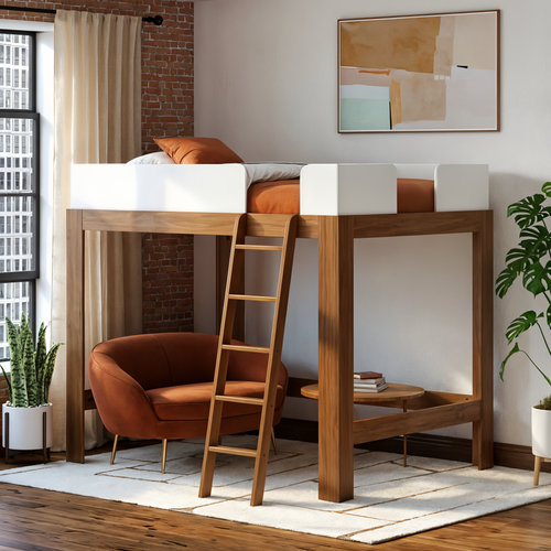 Loft bed with wooden ladder and orange armchair in modern apartment living room.