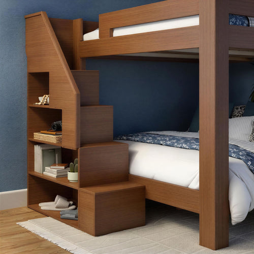 Wooden bunk bed with sturdy stairs leading to top bunk.