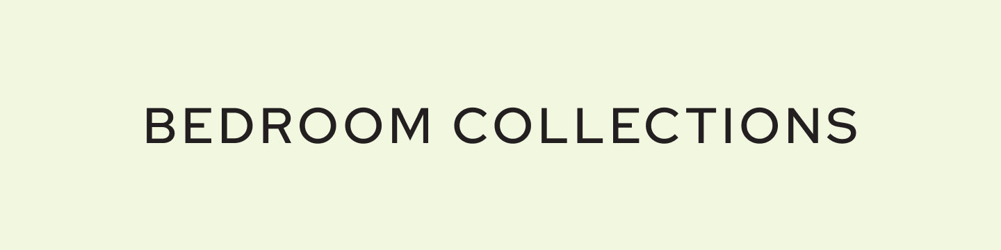 Banner reading "Bedroom Collections" on pale green background promoting modern bedroom furniture, bedding, and bedroom decor collections