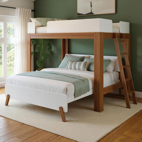 Wooden bunk bed with white mattress and green bedding in a room with a green wall and window.