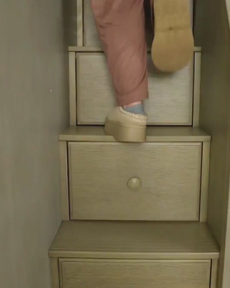 Different scenes of adults climbing the stairs of a bunk, a woman sleeping on a top bunk, and groups of adults sitting on the bottom of a large wooden bunk bed talking.